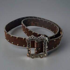 Boss Studded Brown Leather Belt Ornate Silver Buckle